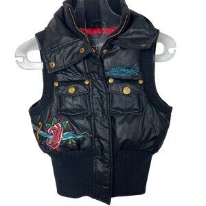 VTG Ed Hardy Christian Audigier Y2K Embroidered Down Puffer Vest XS Skull Rose